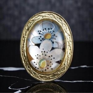 Vintage MCM Floral Brooch Pin Textile Under Glass Engraved Goldtone